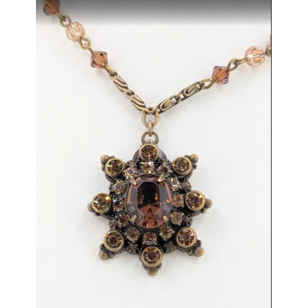 Liz Palacios Amber Crystal Necklace Earrings Set Gold Tone Signed 16 Inch Glam